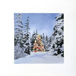 8x8 Original Oil Painting Christmas Tree w/ Lights Forest Calm Nocturne Signed